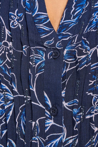 Yours Curve Navy Blue Floral Print Pintuck Blouse