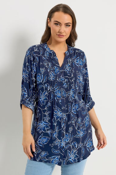 Yours Curve Navy Blue Floral Print Pintuck Blouse