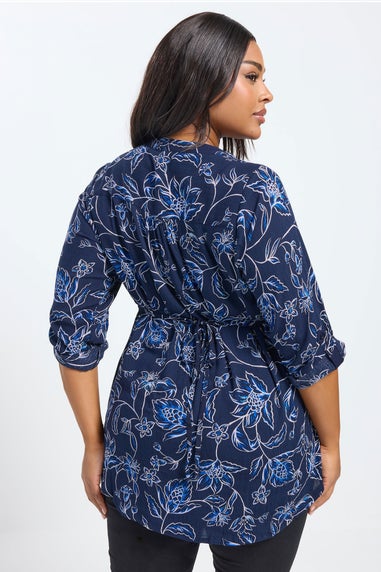 Yours Curve Navy Blue Floral Print Pintuck Blouse