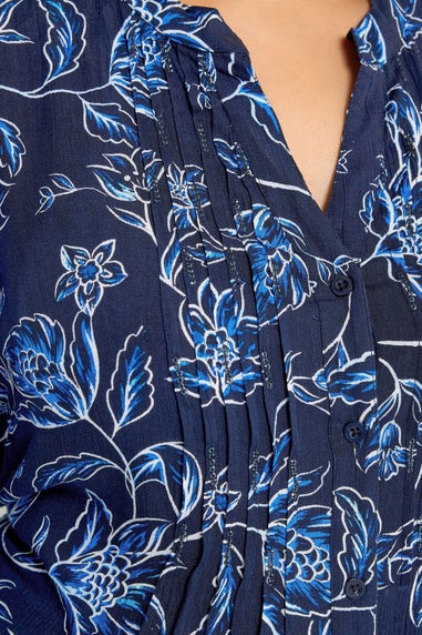 Yours Curve Navy Blue Floral Print Pintuck Blouse