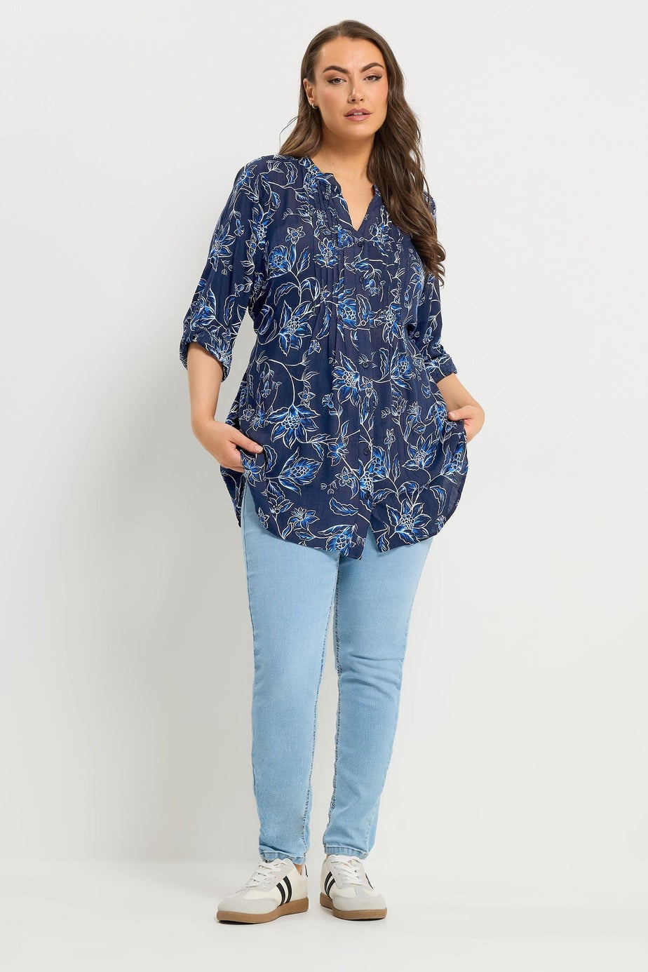 Yours Curve Navy Blue Floral Print Pintuck Blouse