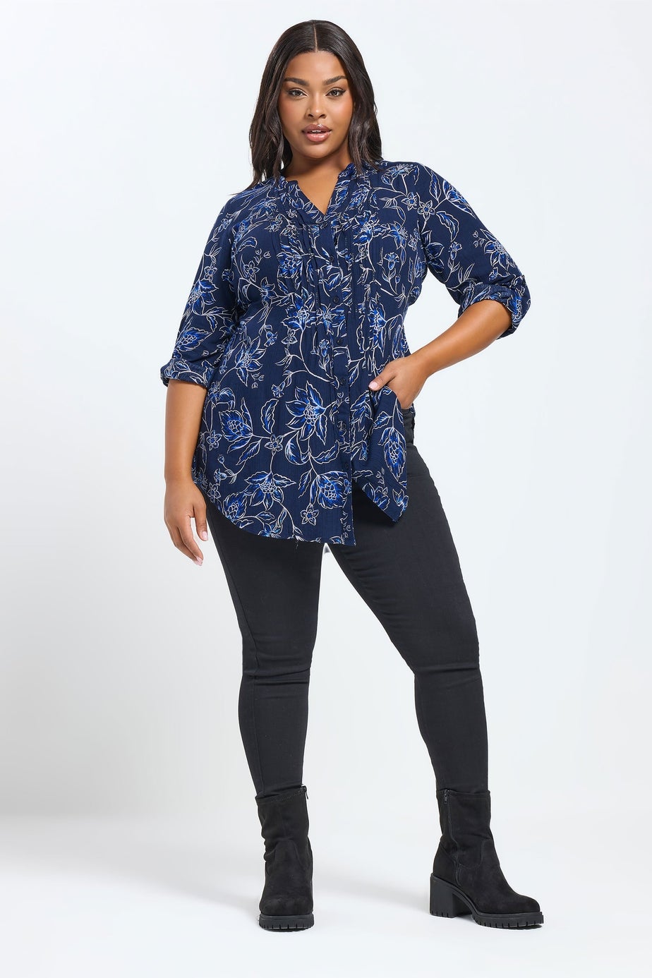 Yours Curve Navy Blue Floral Print Pintuck Blouse