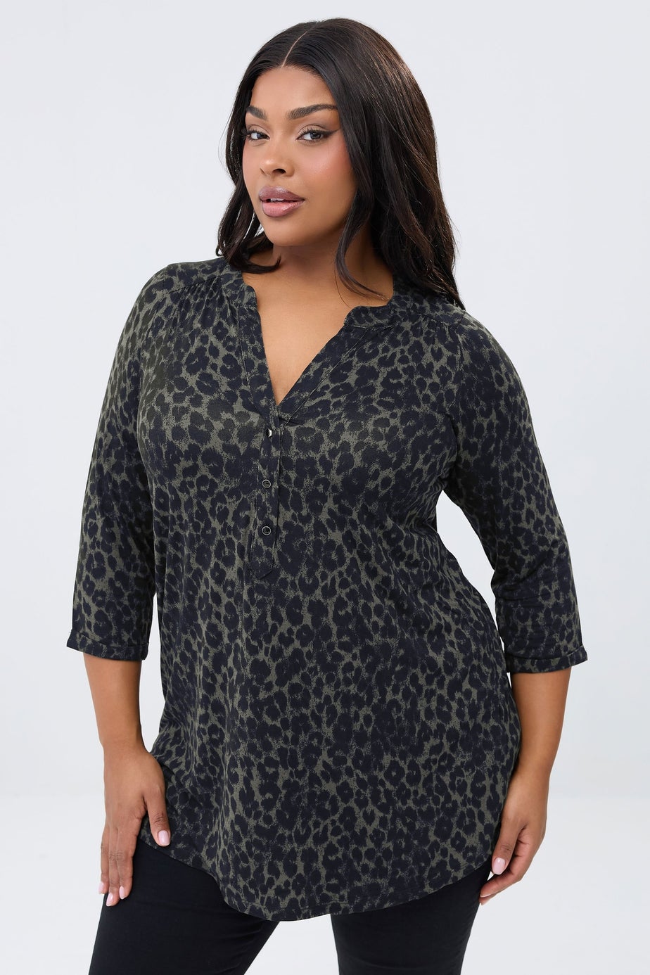 Yours Curve Dark Green Leopard Print Placket Top