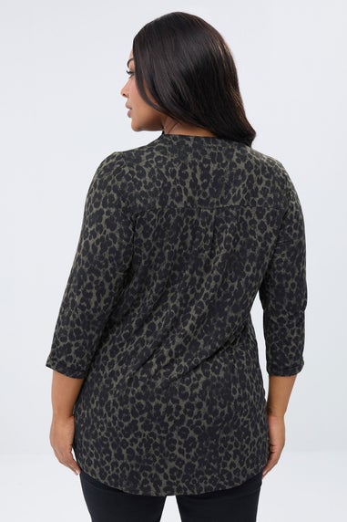 Yours Curve Dark Green Leopard Print Placket Top