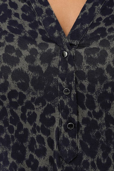 Yours Curve Dark Green Leopard Print Placket Top