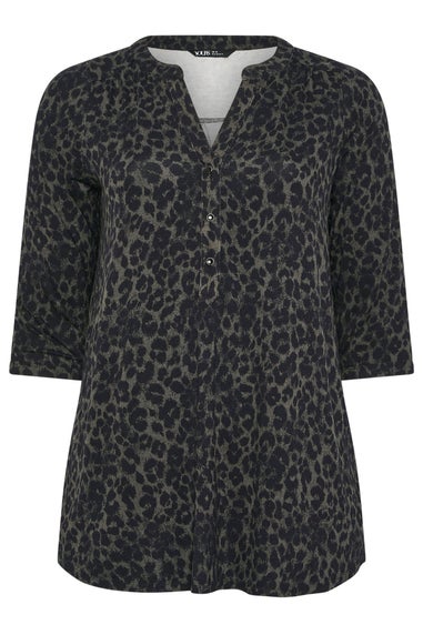 Yours Curve Dark Green Leopard Print Placket Top