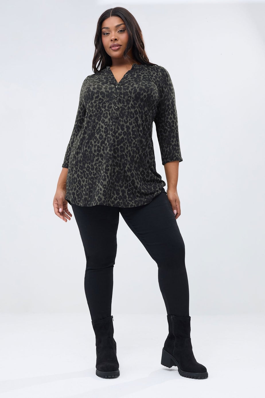 Yours Curve Dark Green Leopard Print Placket Top