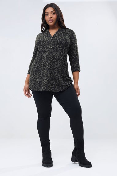 Yours Curve Dark Green Leopard Print Placket Top