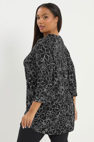 Yours Curve Black Floral Print Placket Top