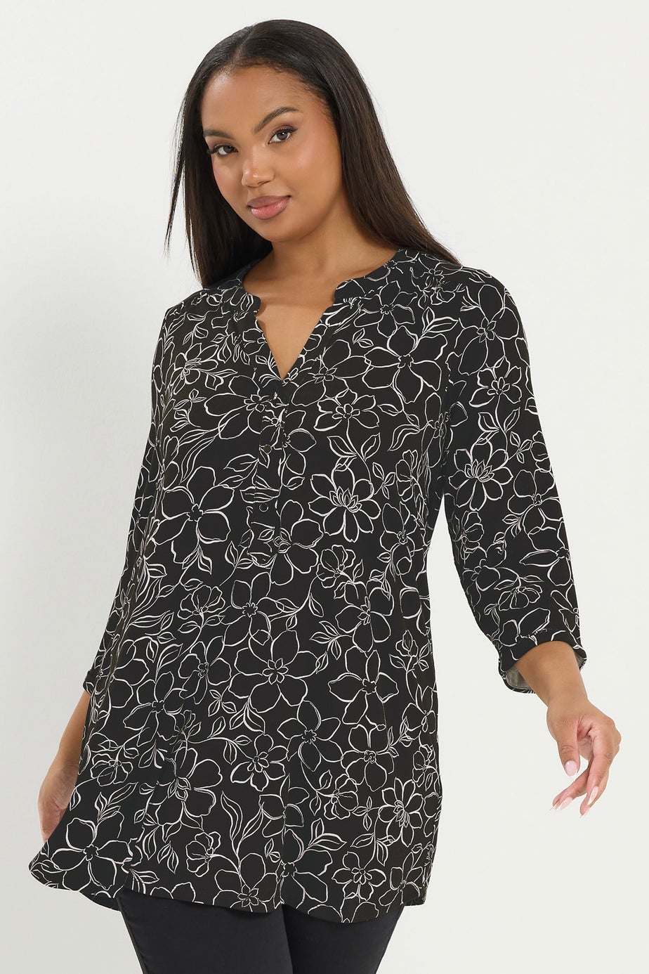 Yours Curve Black Floral Print Placket Top