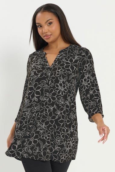 Yours Curve Black Floral Print Placket Top