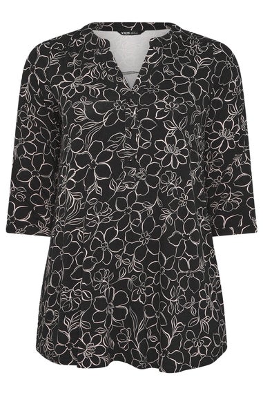 Yours Curve Black Floral Print Placket Top
