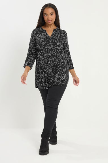 Yours Curve Black Floral Print Placket Top