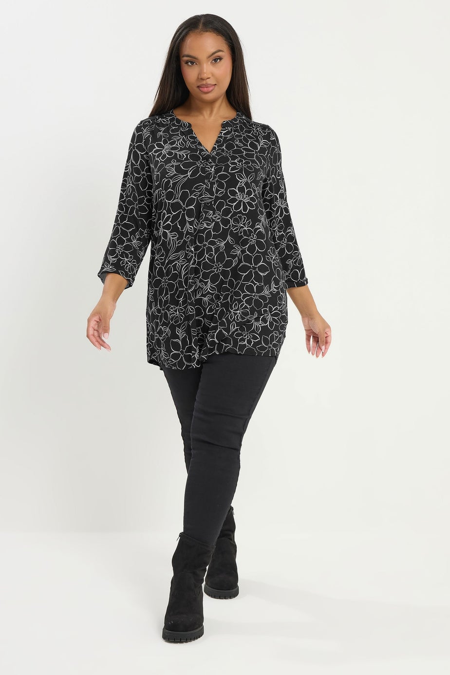 Yours Curve Black Floral Print Placket Top