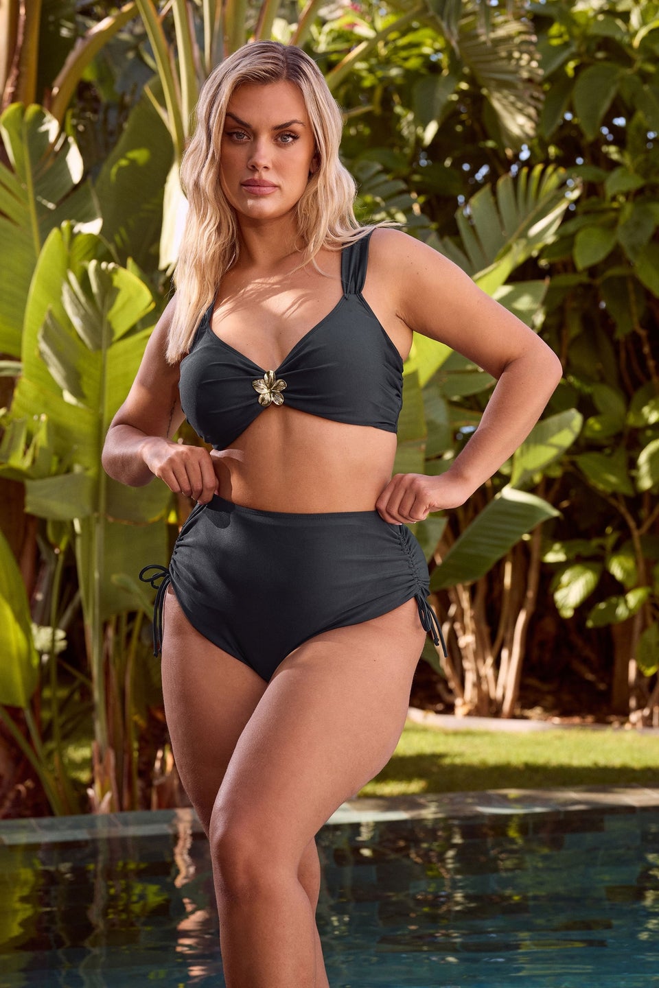 Yours Curve Navy Blue Flower Detail Bikini Top