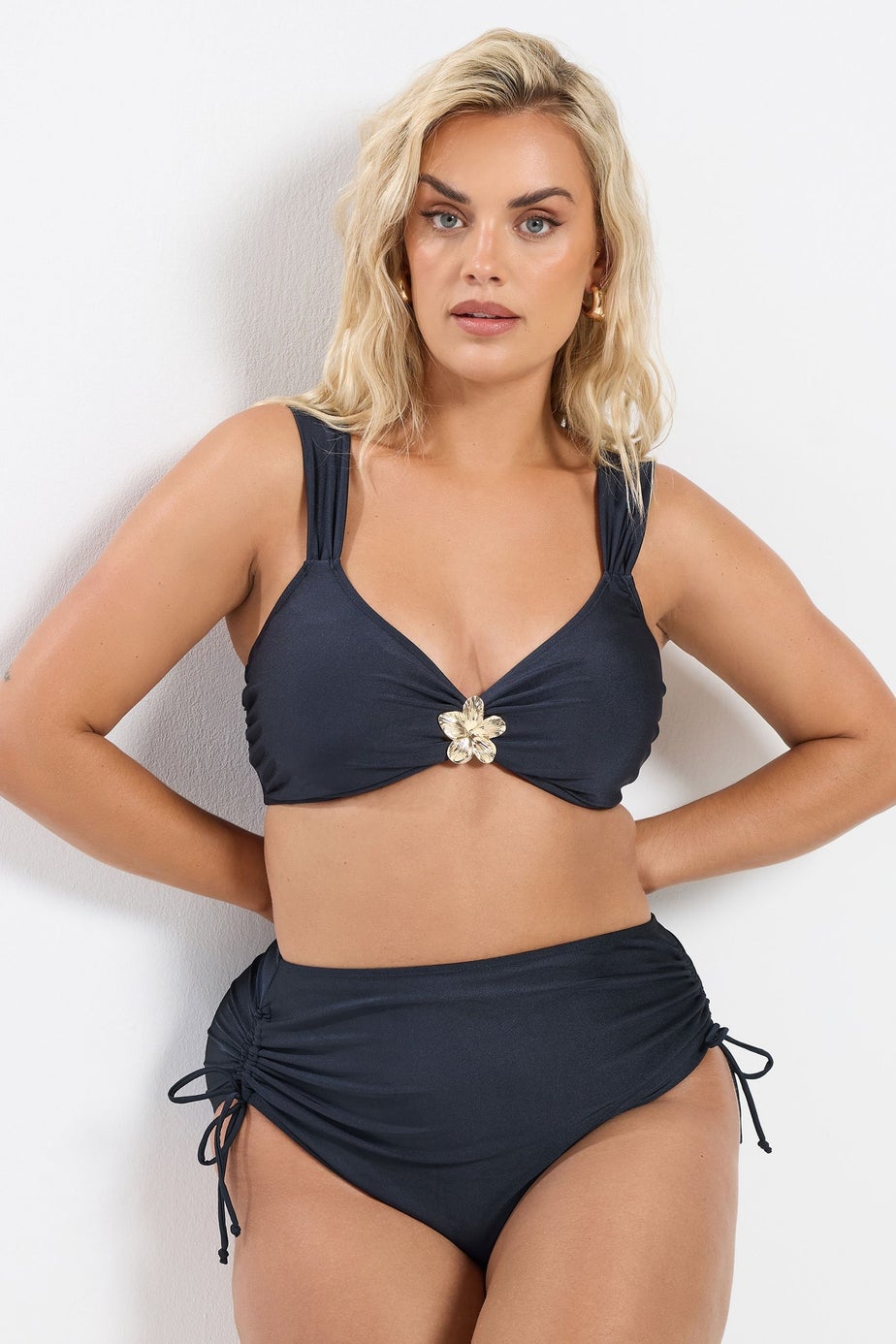 Yours Curve Navy Blue Flower Detail Bikini Top