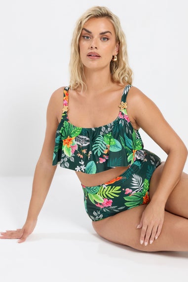 Yours Curve Green Tropical Print Frill Bikini Top