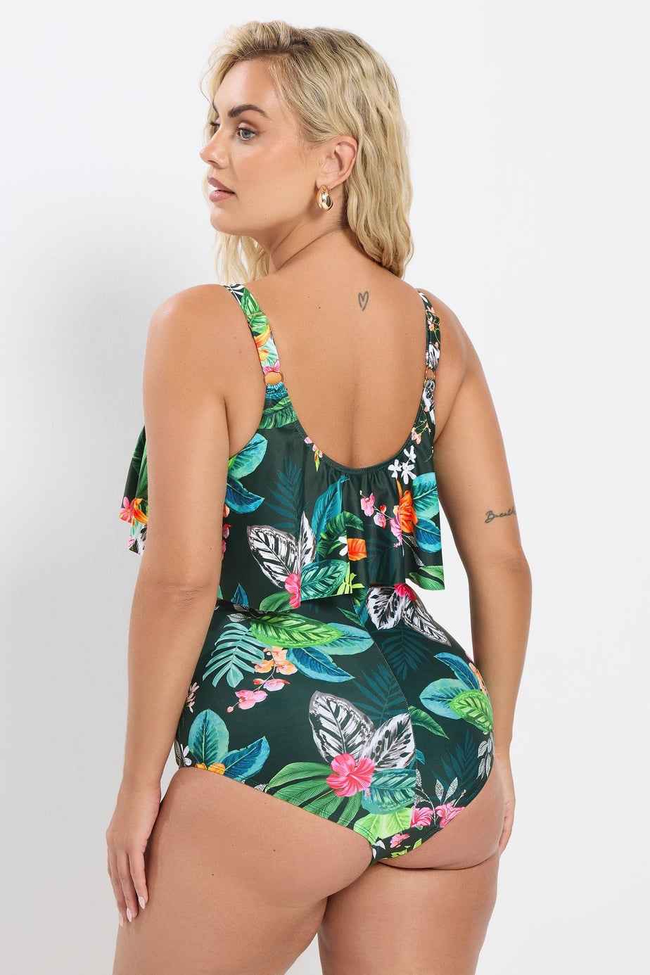 Yours Curve Green Tropical Print Frill Bikini Top