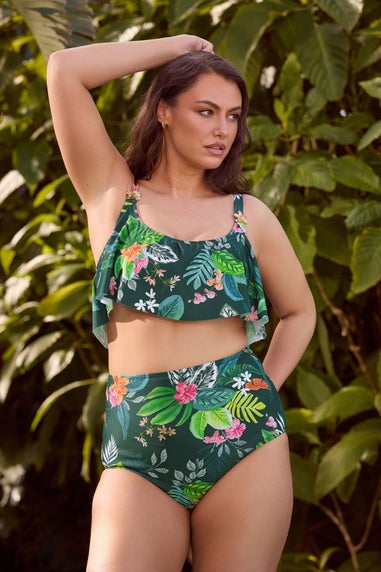 Yours Curve Green Tropical Print Frill Bikini Top