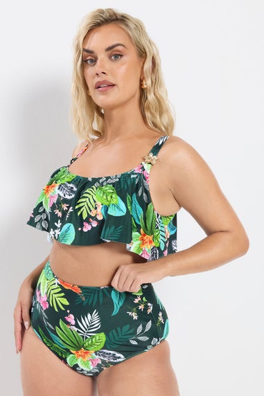 Yours Curve Green Tropical Print Frill Bikini Top