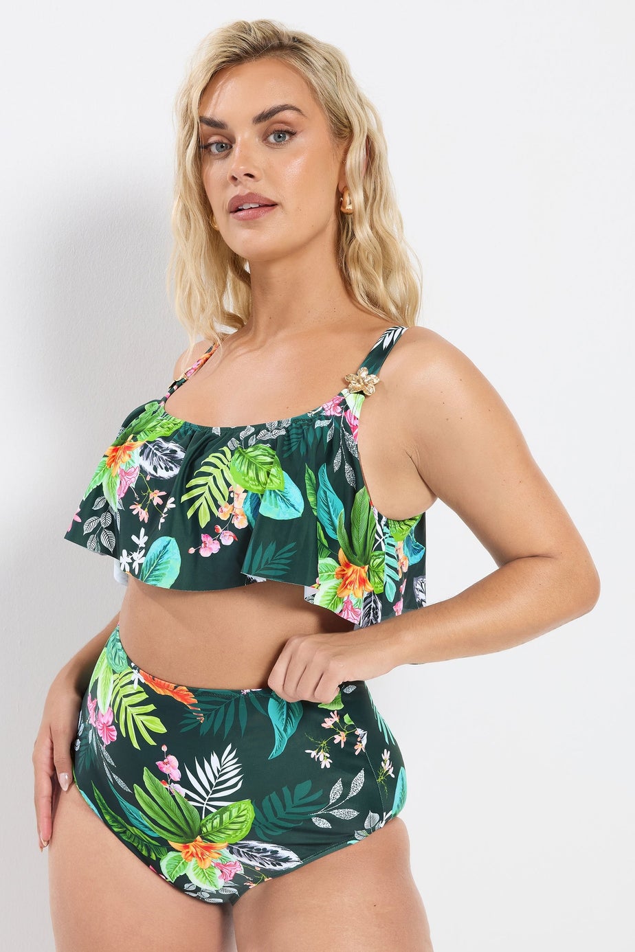 Yours Curve Green Tropical Print Frill Bikini Top