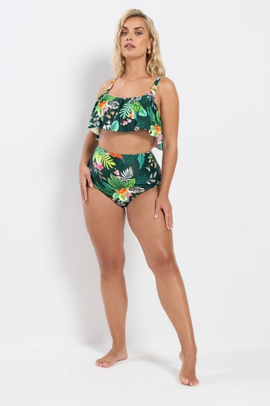 Yours Curve Green Tropical Print Frill Bikini Top