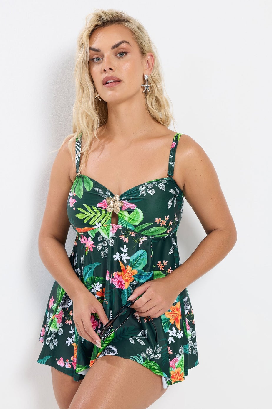 Yours Curve Green Tropical Print Tankini Top