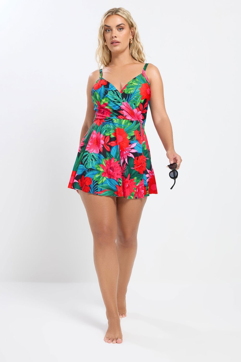 Yours Curve Black Tropical Print Swimdress