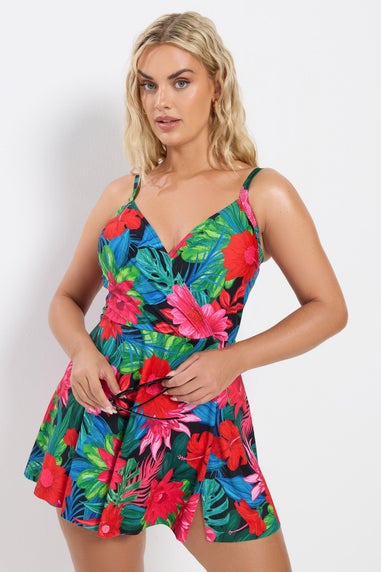 Yours Curve Black Tropical Print Swimdress