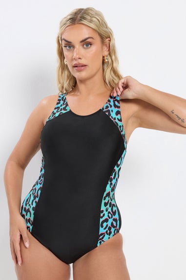 Yours Curve Black Active Leopard Print Swimsuit