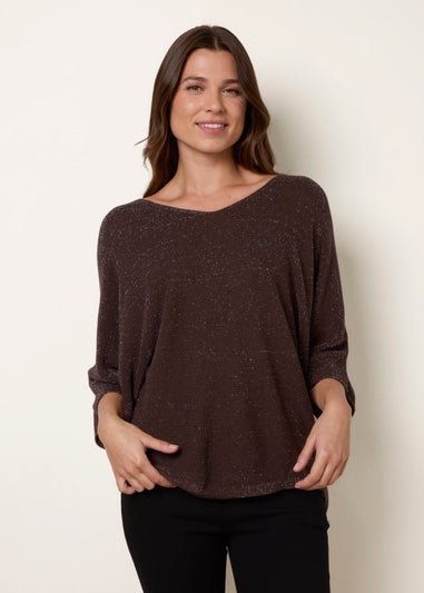 Blue Vanilla Brown Metallic V Neck Knitted Ripple Jumper