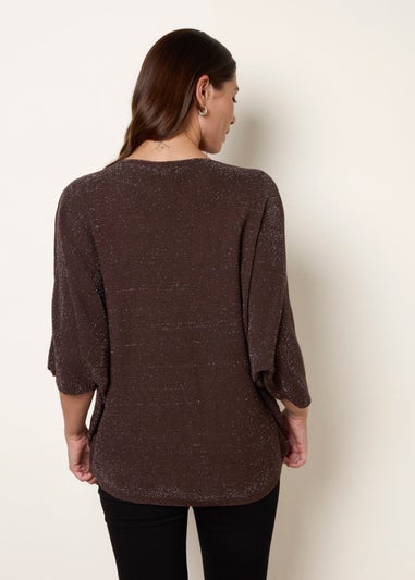 Blue Vanilla Brown Metallic V Neck Knitted Ripple Jumper