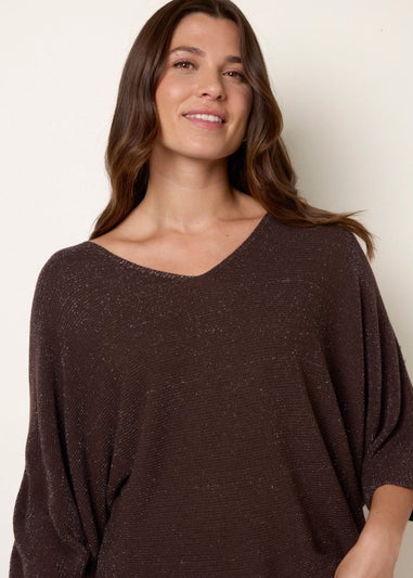 Blue Vanilla Brown Metallic V Neck Knitted Ripple Jumper