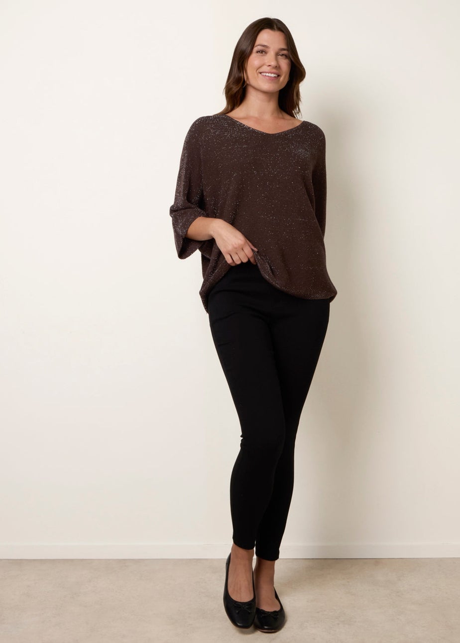 Blue Vanilla Brown Metallic V Neck Knitted Ripple Jumper