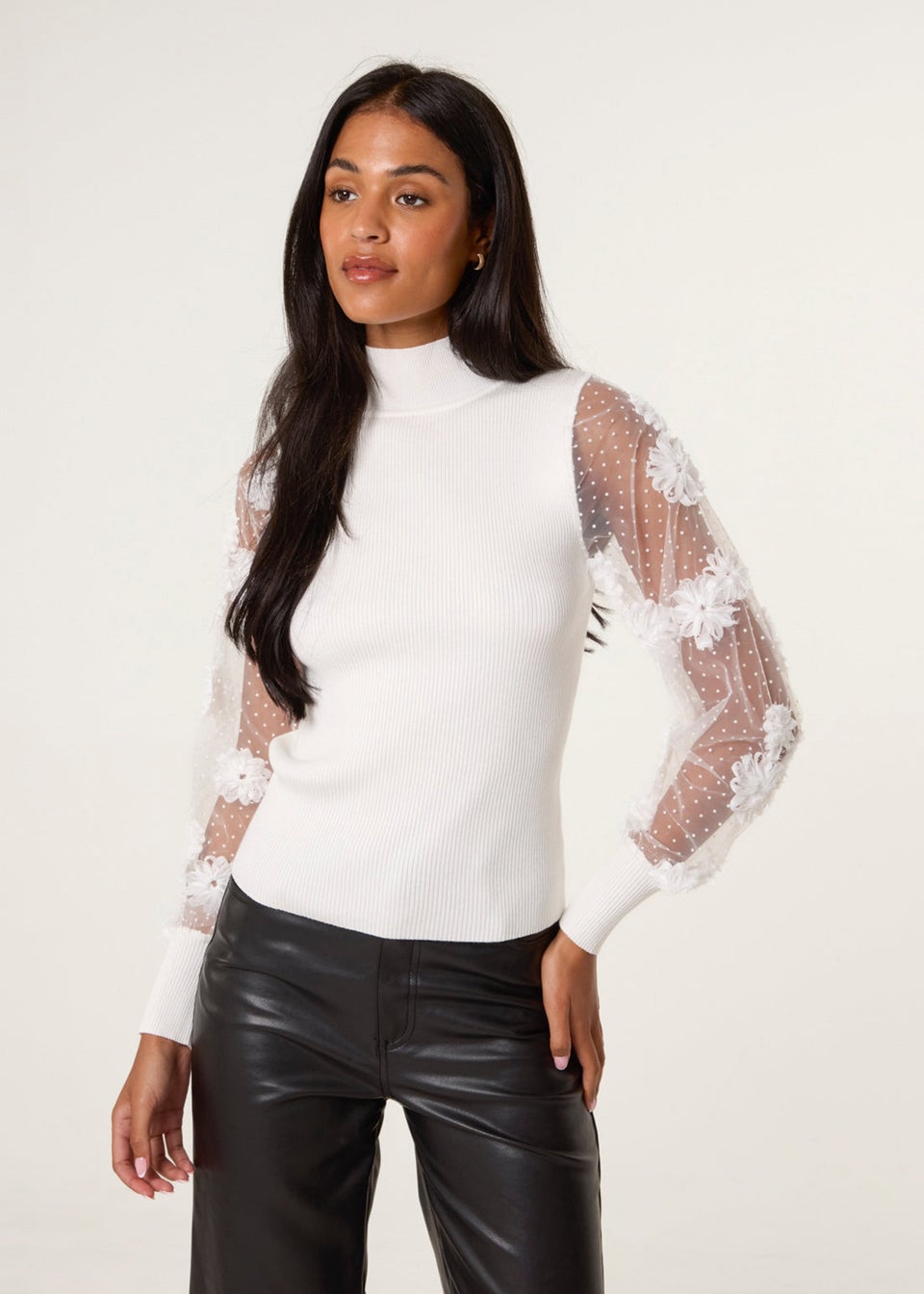 Blue Vanilla White Turtle Neck Jumper With Mesh Polka Dot & Flower Detailed Sleeve