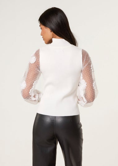 Blue Vanilla White Turtle Neck Jumper With Mesh Polka Dot & Flower Detailed Sleeve