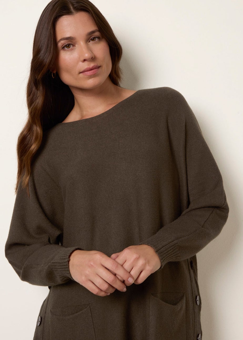 Blue Vanilla Khaki Pocket Slash Neck Jumper