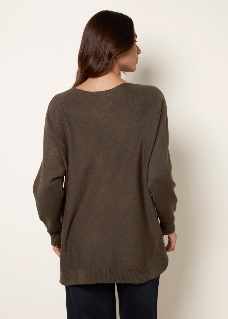 Blue Vanilla Khaki Pocket Slash Neck Jumper