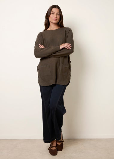 Blue Vanilla Khaki Pocket Slash Neck Jumper