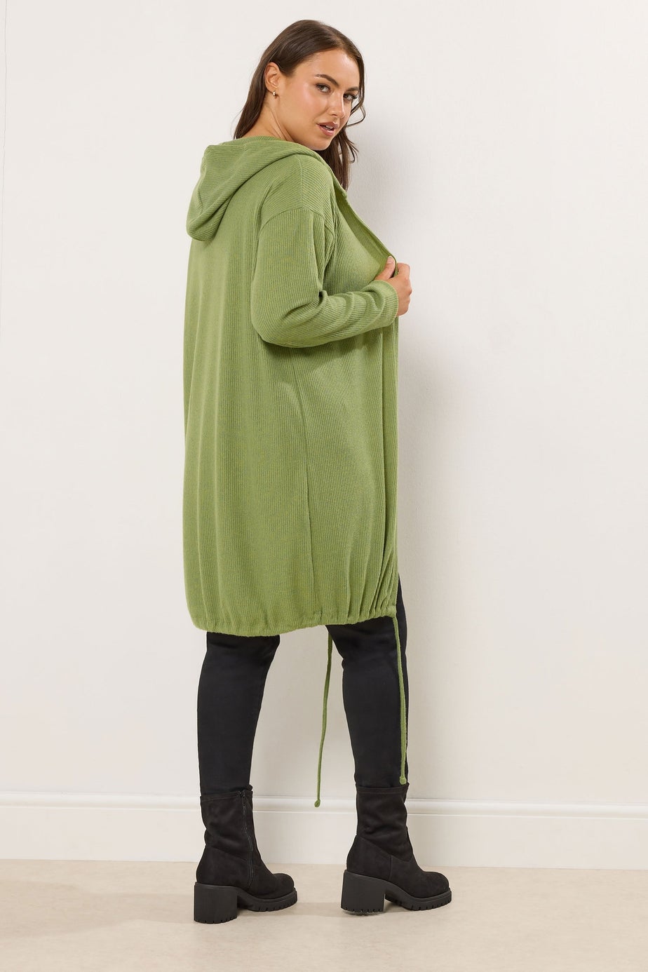 Yours Curve Green Hooded Ribbed Cardigan