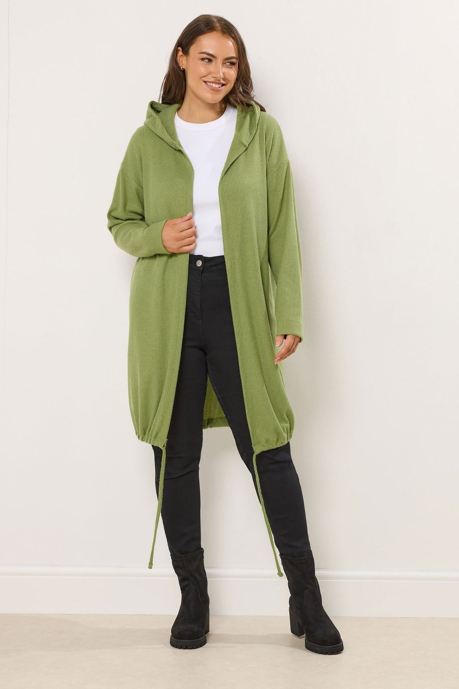 Yours Curve Green Hooded Ribbed Cardigan