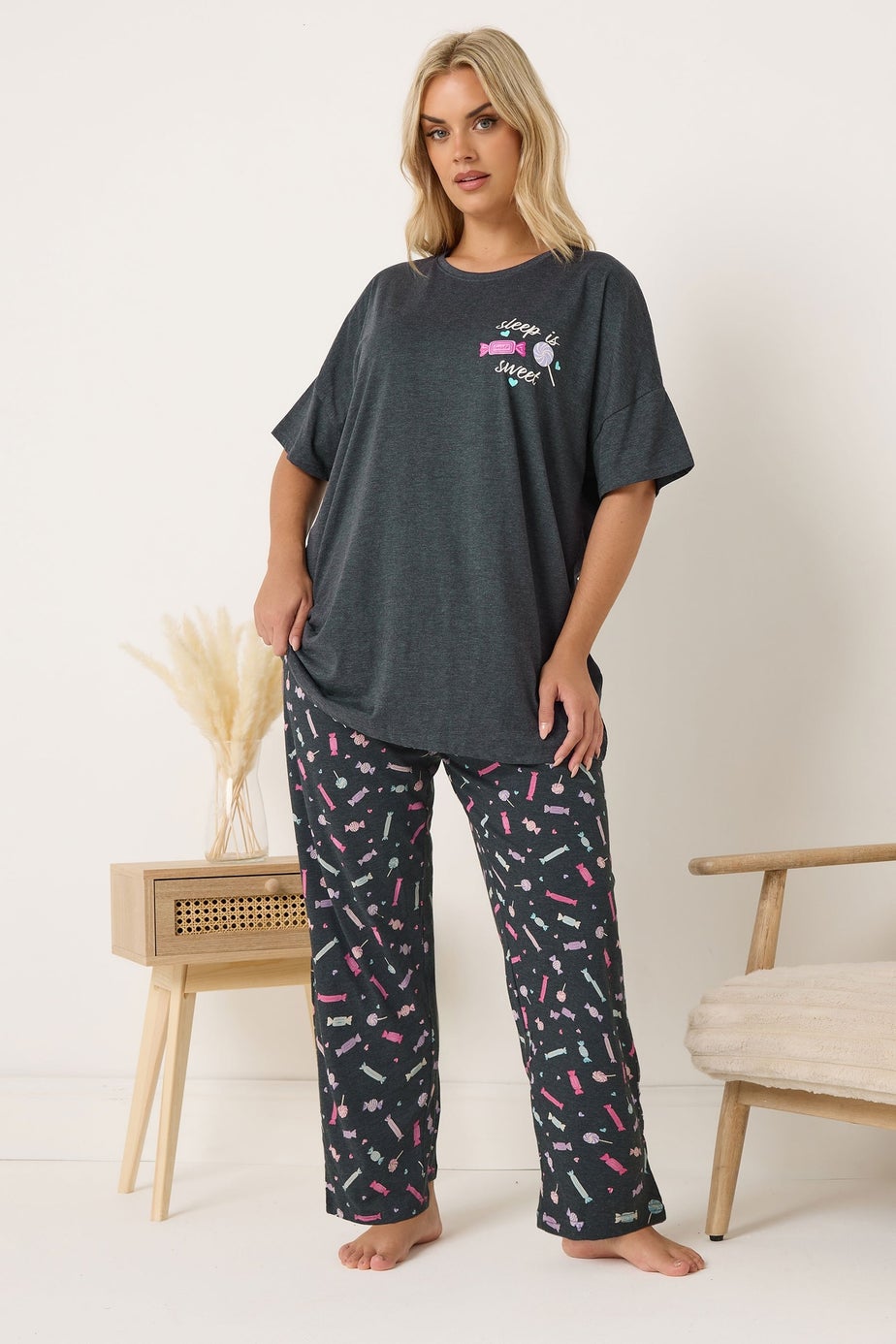 Yours Curve Grey 'Sleep Is Sweet' Wide Leg Pyjama Set