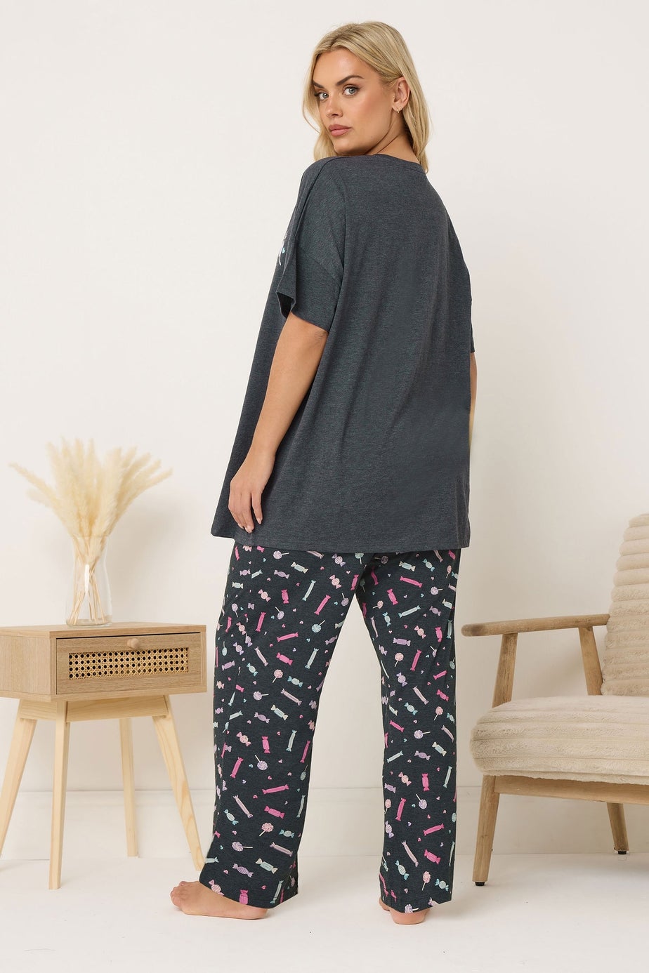 Yours Curve Grey 'Sleep Is Sweet' Wide Leg Pyjama Set