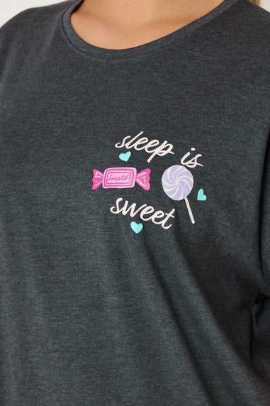 Yours Curve Grey 'Sleep Is Sweet' Wide Leg Pyjama Set