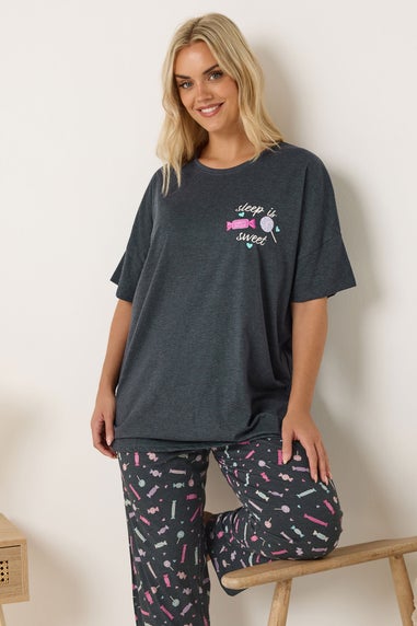 Yours Curve Grey 'Sleep Is Sweet' Wide Leg Pyjama Set