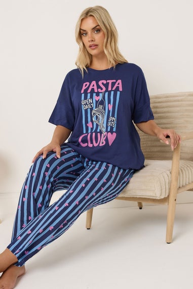 Yours Curve Navy Blue 'Pasta Club' Wide Leg Striped Pyjama Set