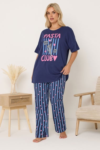 Yours Curve Navy Blue 'Pasta Club' Wide Leg Striped Pyjama Set