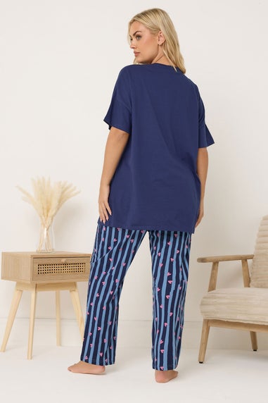 Yours Curve Navy Blue 'Pasta Club' Wide Leg Striped Pyjama Set