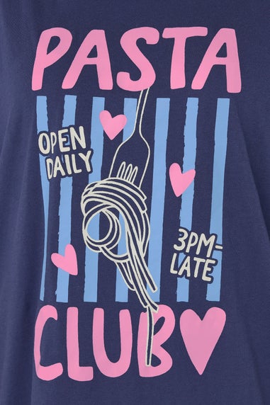 Yours Curve Navy Blue 'Pasta Club' Wide Leg Striped Pyjama Set