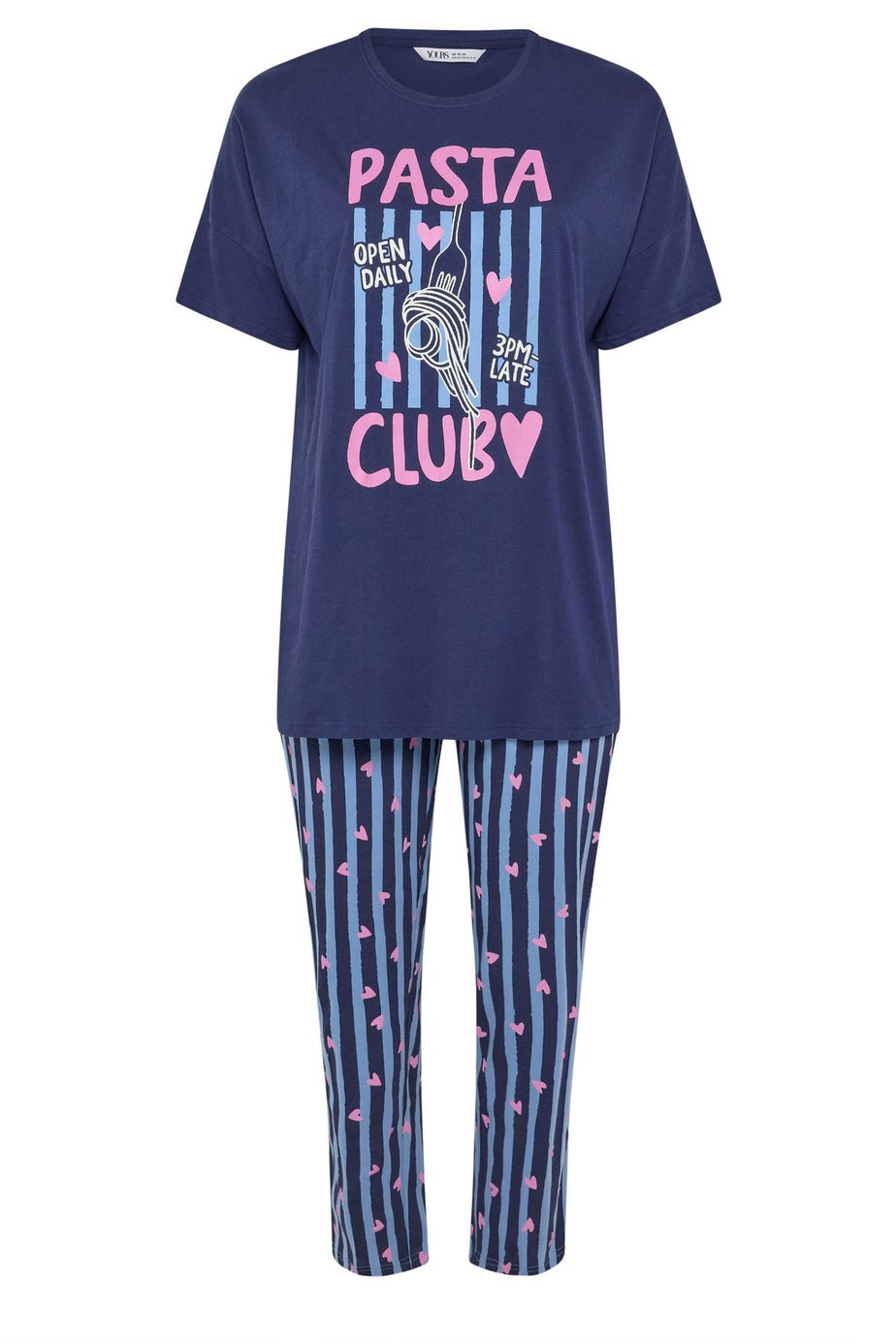Yours Curve Navy Blue 'Pasta Club' Wide Leg Striped Pyjama Set